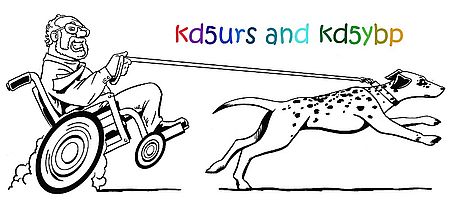 drawing of Tim in wheelchair with Dalmatian pulling it, callsigns KD5URS and KD5YBP