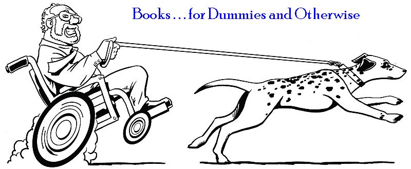 drawing of author in wheelchair with Dalmatian pulling